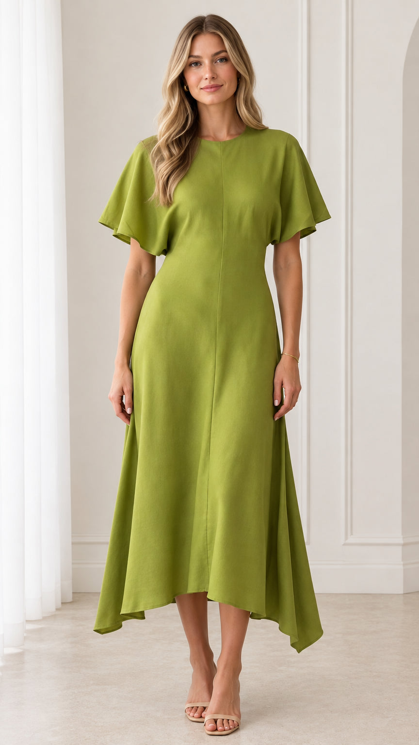 Olive green flutter sleeve midi dress with asymmetrical hem - front view