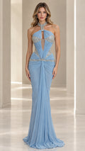 Model wearing sky blue rhinestone halter cutout evening gown with pleated skirt