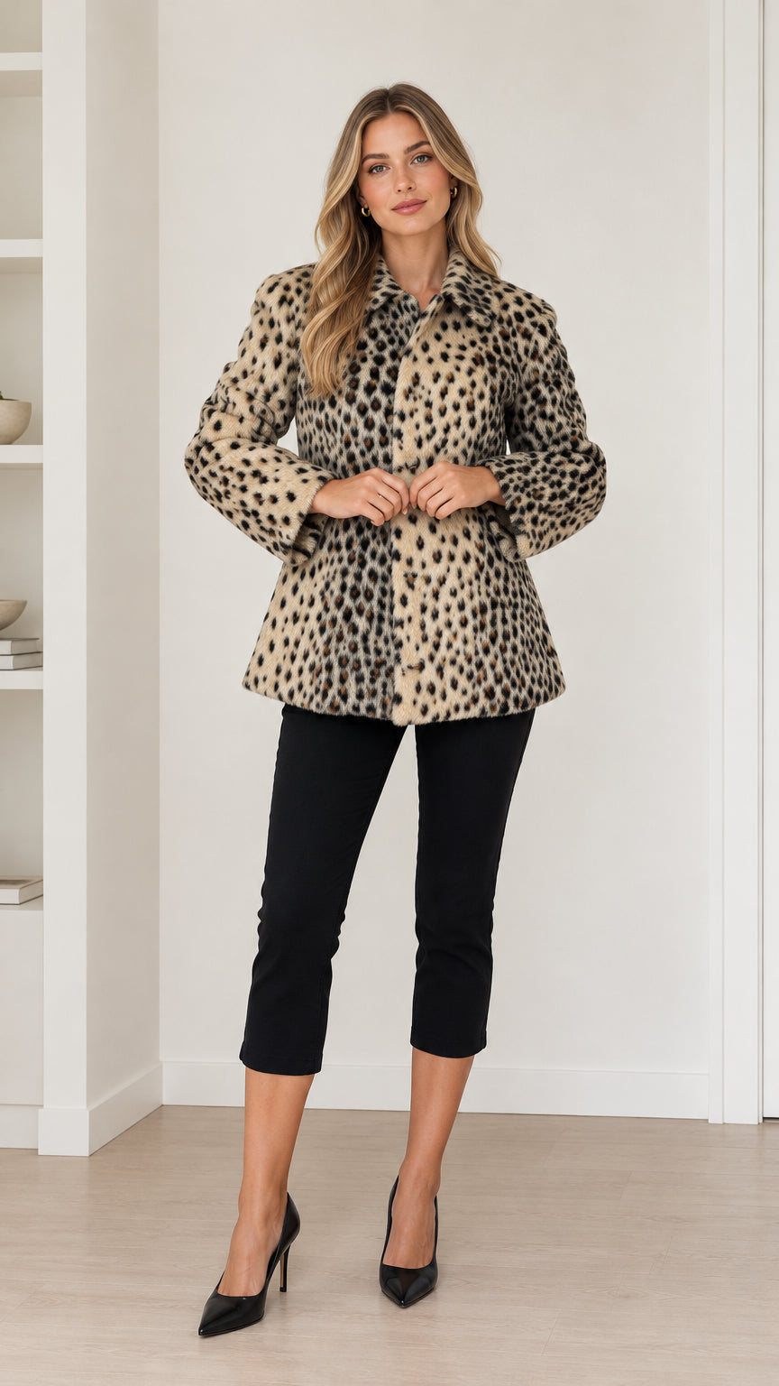 Front view of model wearing camel leopard print mid-length button coat with black cropped pants and heels