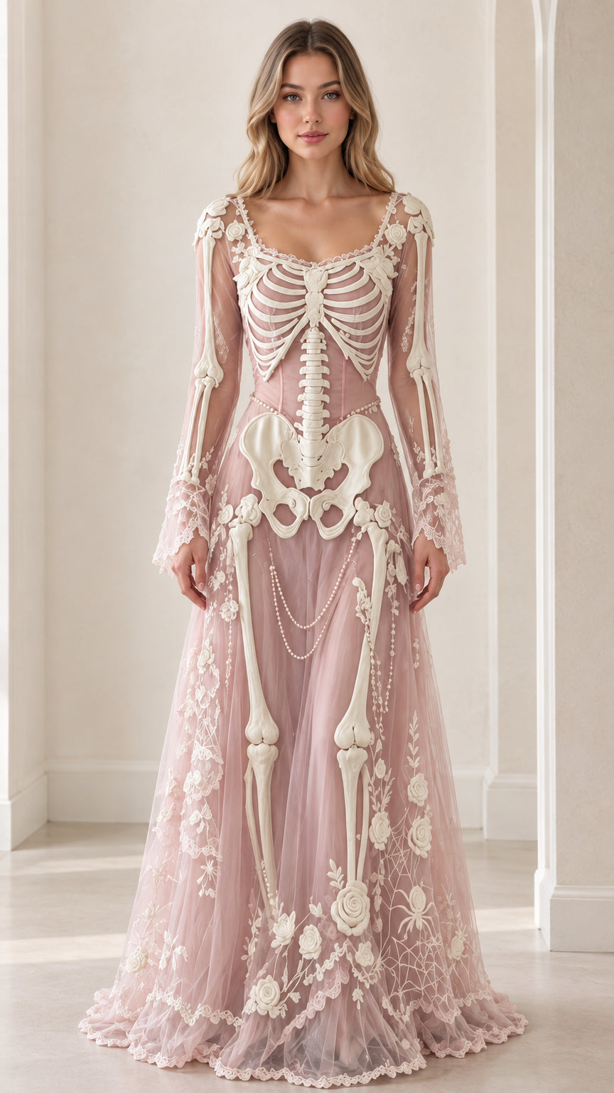 Front full view of dusty pink gothic skeleton appliqué lace maxi dress
