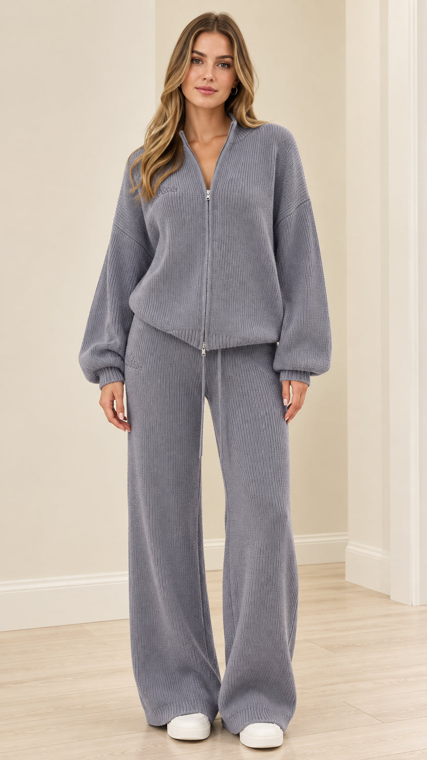 Women's dusty blue ribbed knit zip-up sweater and wide-leg pants set front view