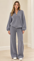 Women's dusty blue ribbed knit zip-up sweater and wide-leg pants set front view