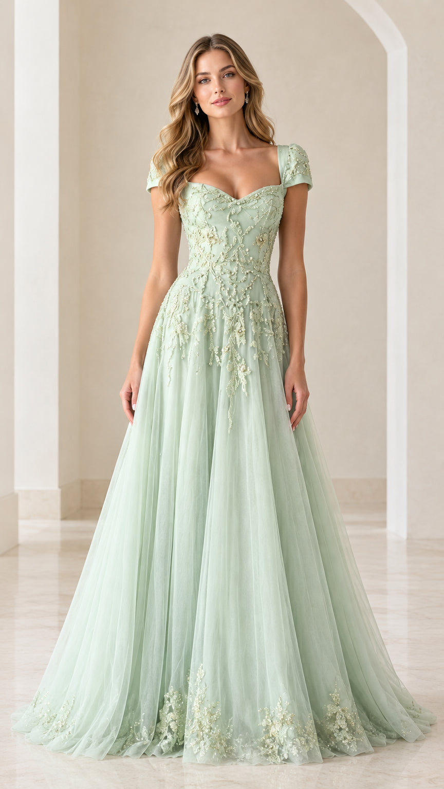 Sage green cap-sleeve floral embroidered A-line tulle evening gown front view