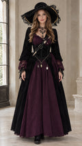 Front view of model wearing Burgundy and Black Gothic Victorian Renaissance gown with hat