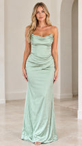 Front full-length view of model wearing sage green strapless corset cowl neck maxi dress