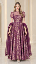 Purple floral jacquard floor-length evening gown with sheer embellished illusion neckline and matching dupatta shawl - front view