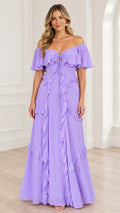 Front full view of woman wearing lavender off-the-shoulder tiered ruffle maxi evening dress