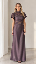 Plum purple high neck lace overlay satin maxi dress front view