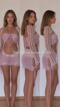 Front, side, and three-quarter view of model wearing pink sequin knit three-piece set with shrug and skirt