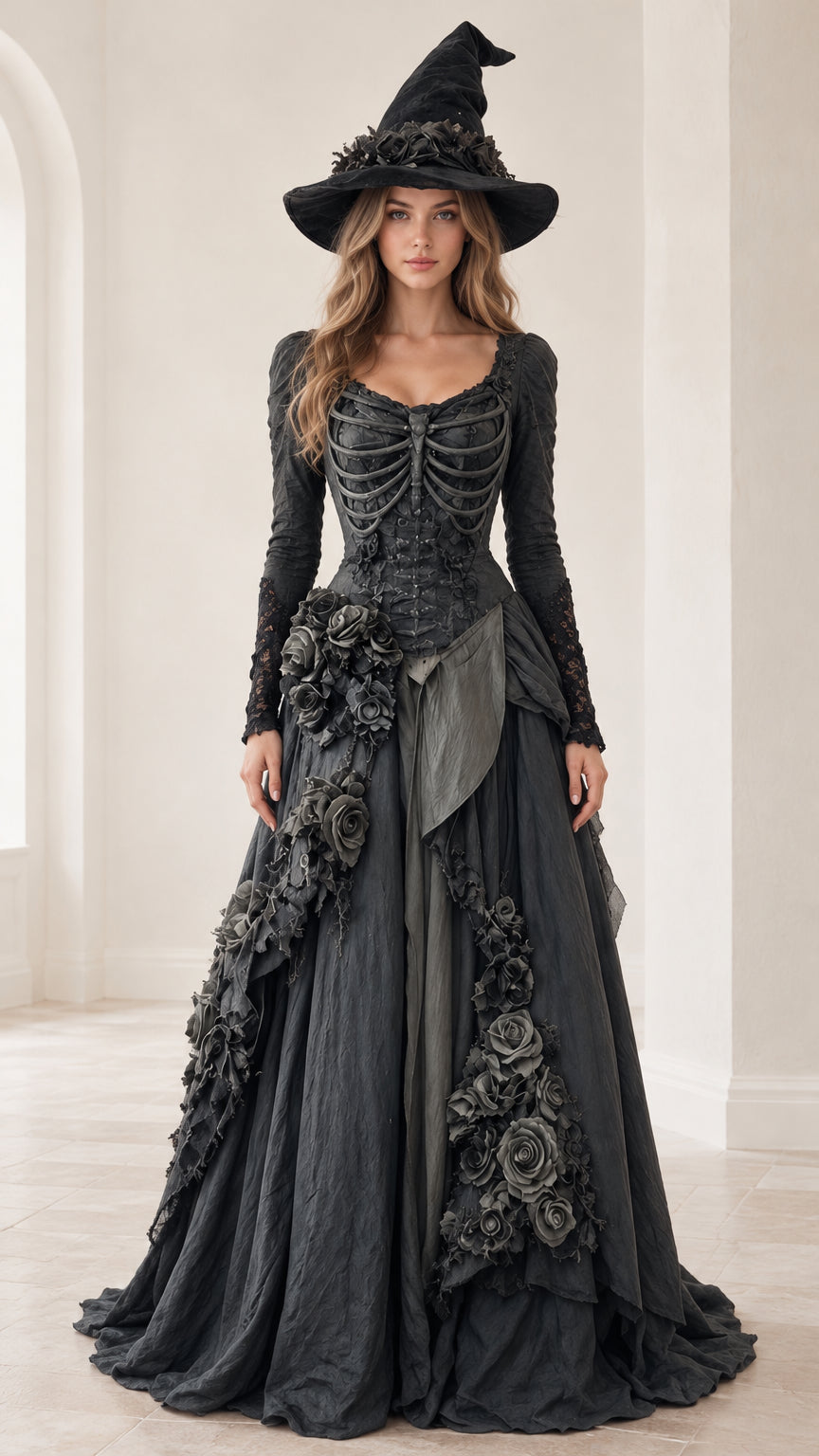 Full front view of black gothic gown with skeleton bodice, matching witch hat, and cascading rosettes