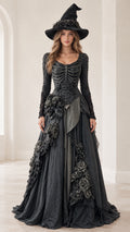 Full front view of black gothic gown with skeleton bodice, matching witch hat, and cascading rosettes