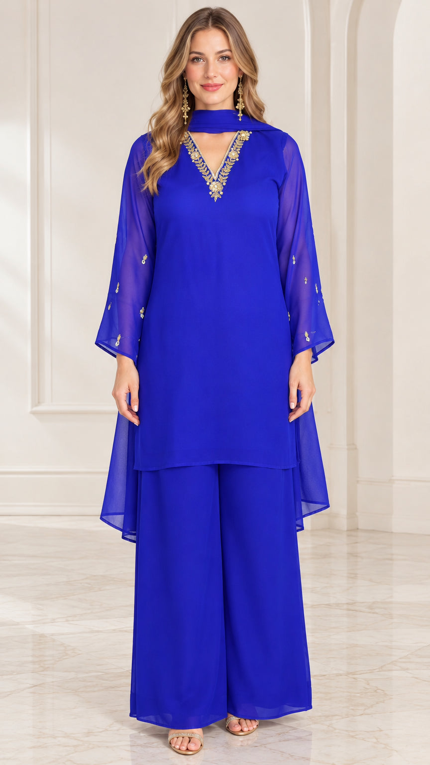 Front full-length view of royal blue embroidered chiffon tunic and wide-leg pant set with scarf