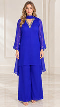 Front full-length view of royal blue embroidered chiffon tunic and wide-leg pant set with scarf