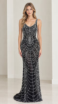 Front full-length view of woman wearing sleeveless black beaded evening gown with web pattern