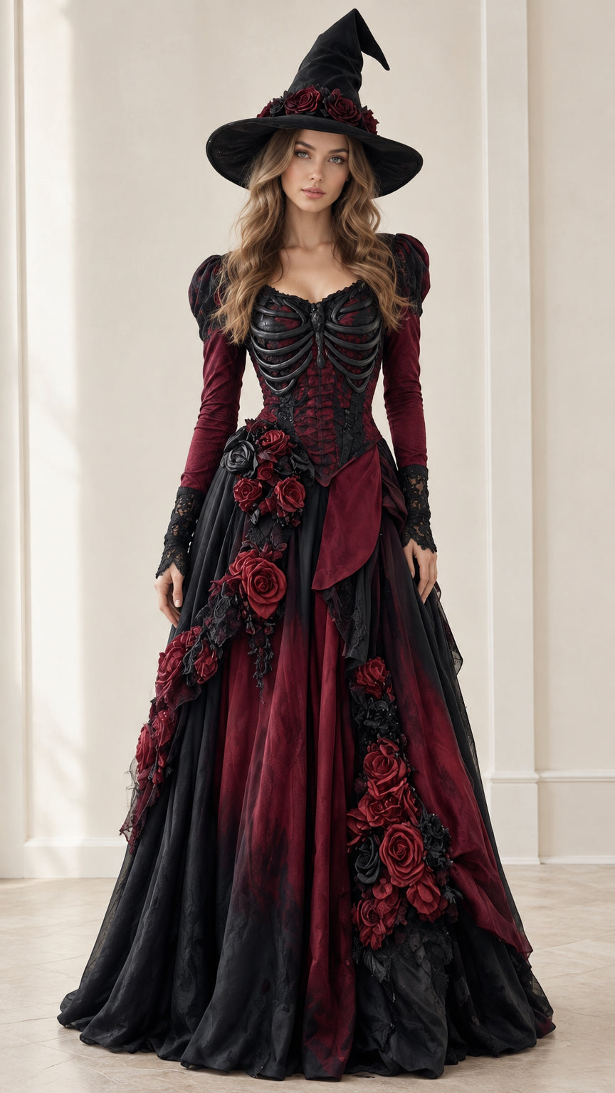 Front view of woman wearing burgundy and black gothic skeleton witch ball gown with matching hat