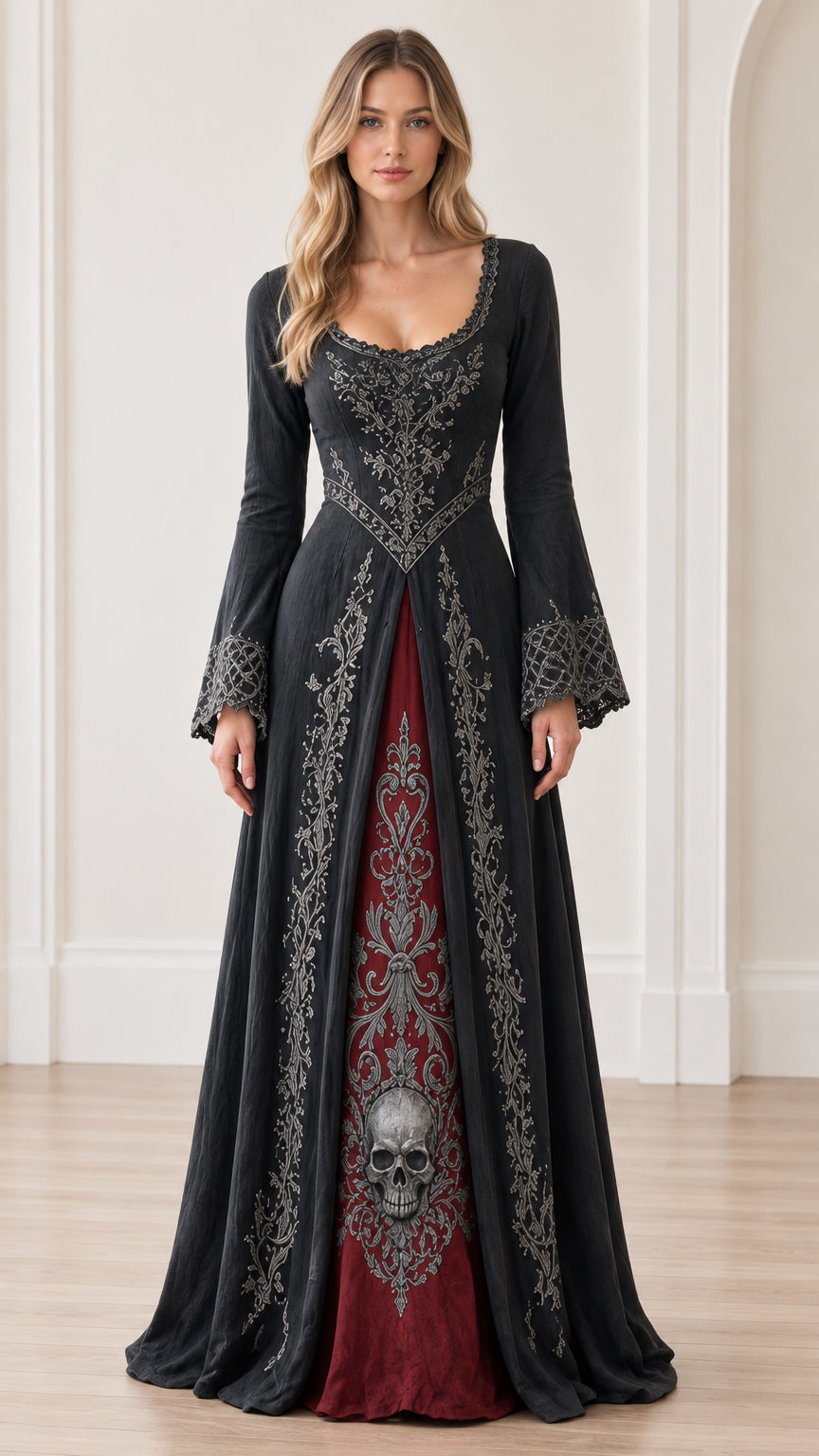 Front full-length view of woman wearing black gothic maxi dress with red skull embroidered panel and bell sleeves