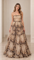 Front view of model wearing Champagne strapless tiered sequin evening gown
