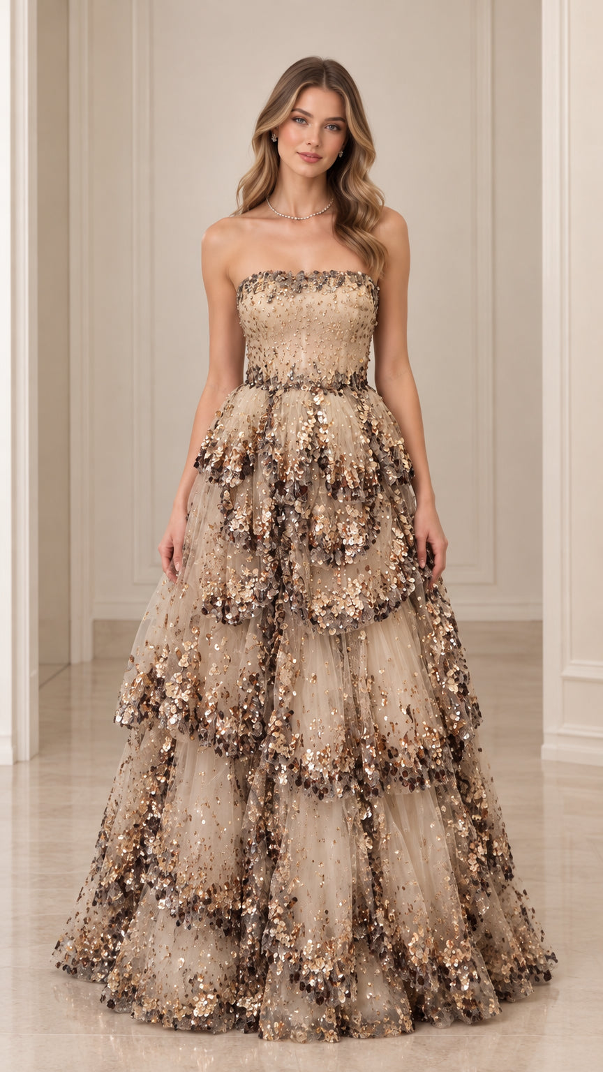 Front view of model wearing Champagne strapless tiered sequin evening gown