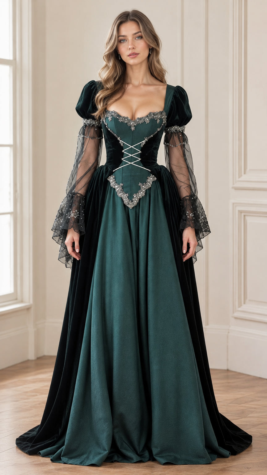 Front view of model wearing emerald green Renaissance velvet maxi dress with bell sleeves