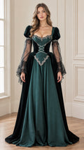 Front view of model wearing emerald green Renaissance velvet maxi dress with bell sleeves