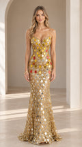 Model wearing gold strapless sweetheart geometric mirrored sequin mermaid evening gown front view