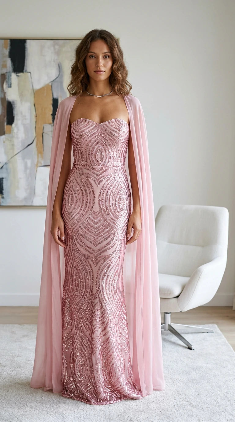 Front view of woman wearing a dusty pink strapless sequin evening gown with a flowing sheer cape