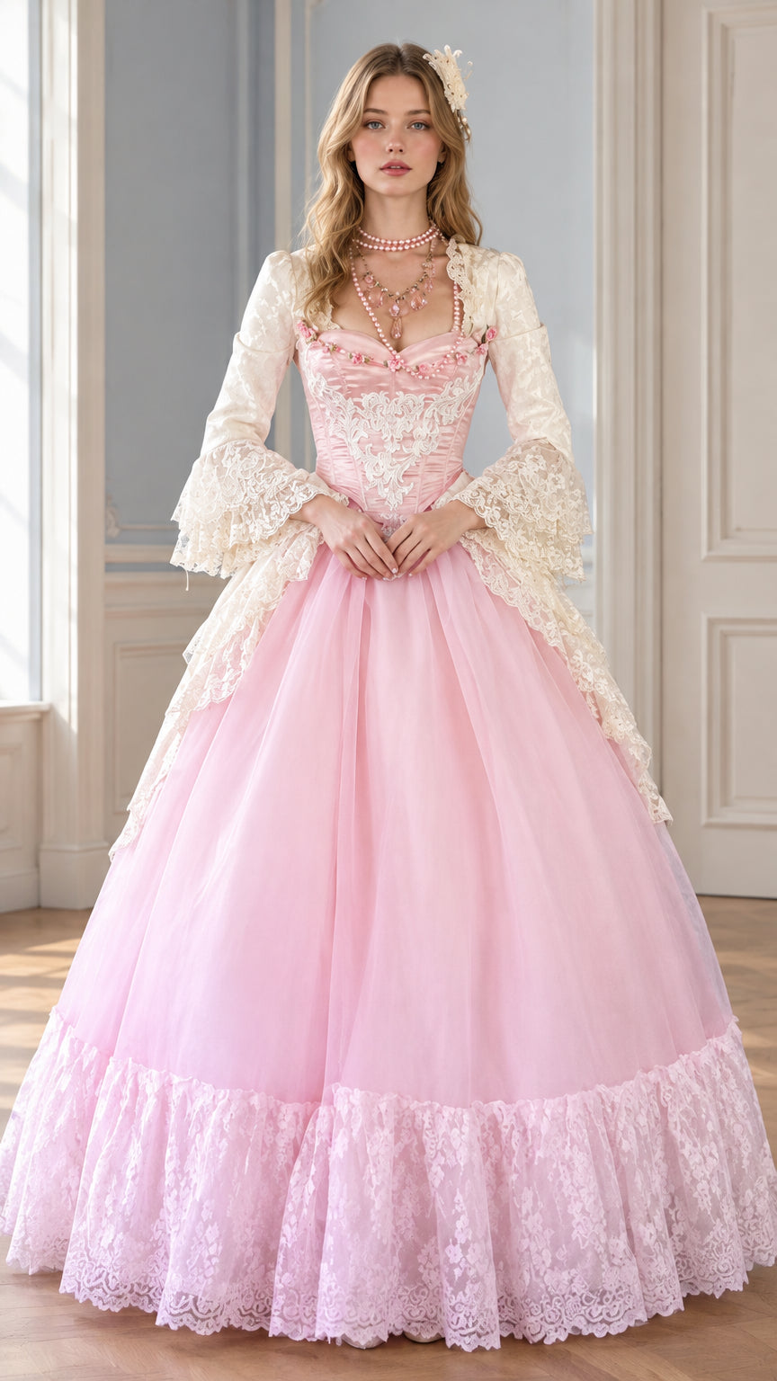 Front view of woman wearing pink Victorian lace corset ball gown with tiered bell sleeves