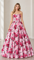 Strapless floral corset ball gown evening dress in pink front view