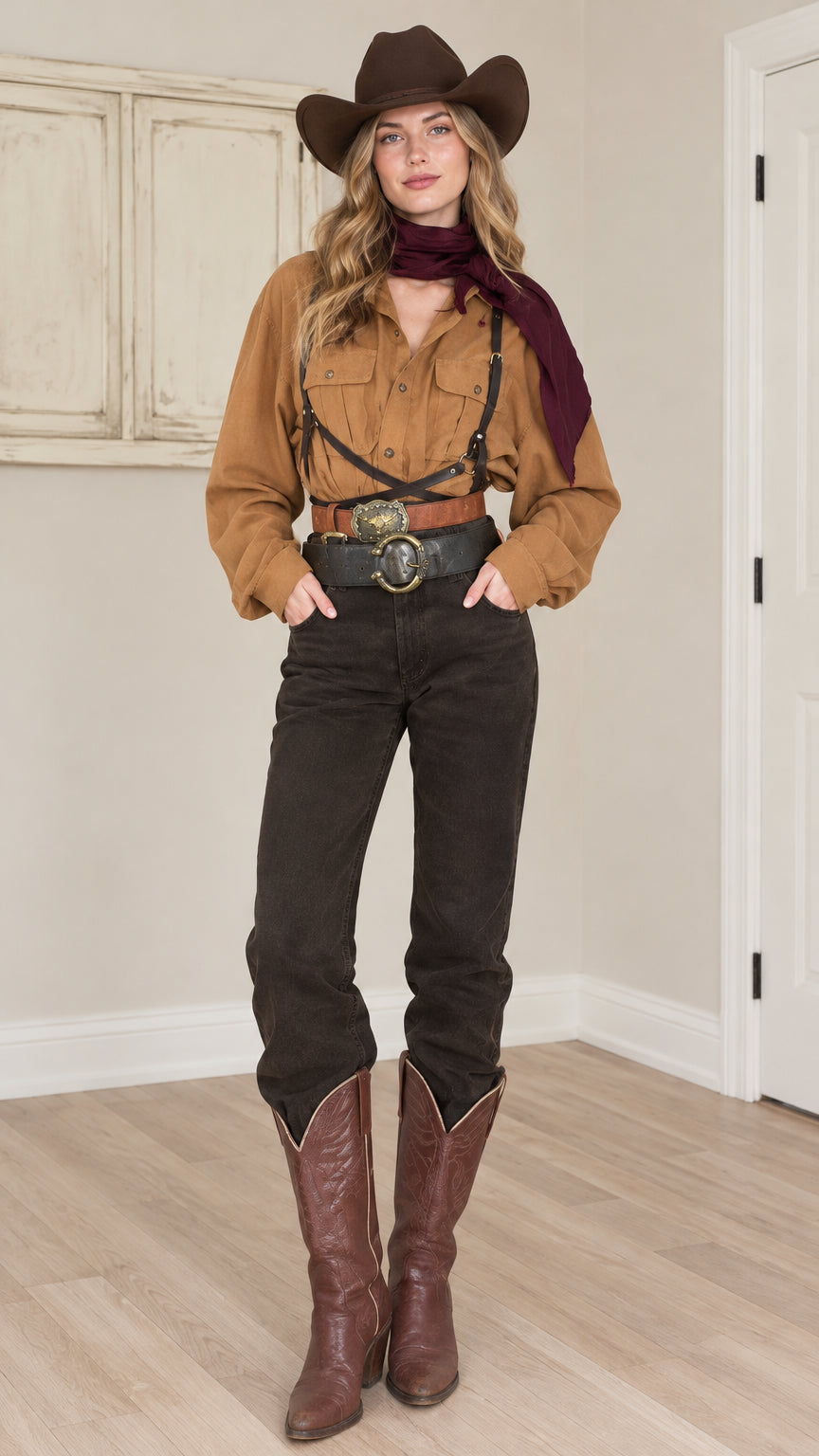 Front full view of woman wearing caramel western long sleeve button down shirt