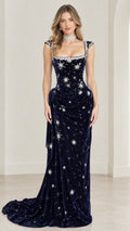 Front view of model wearing celestial star midnight blue velvet evening gown with beaded neckline