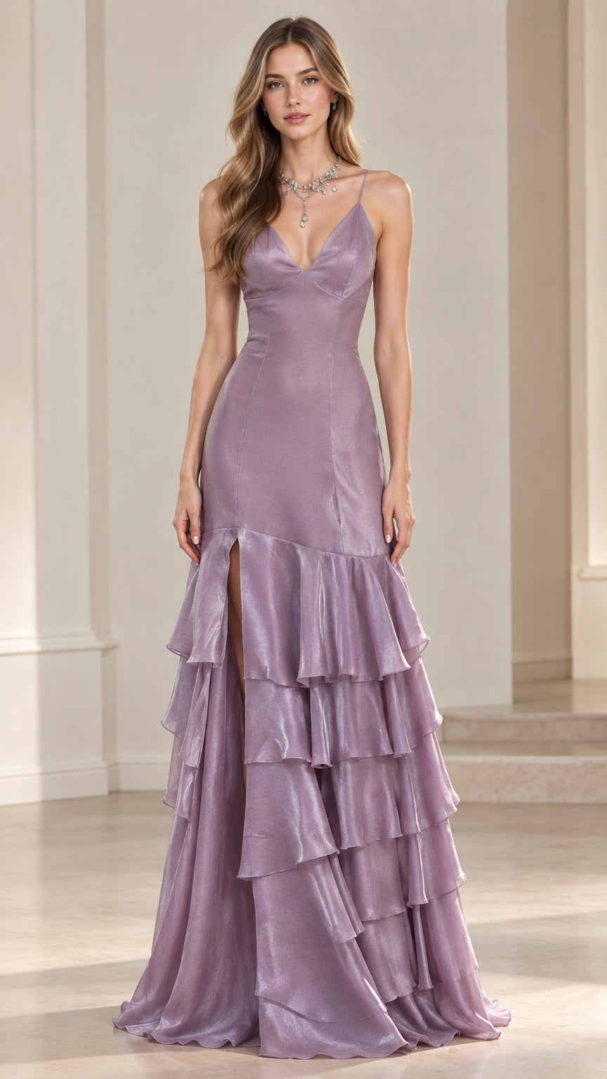 Front full-length view of a woman wearing a lilac tiered ruffle evening gown with spaghetti straps
