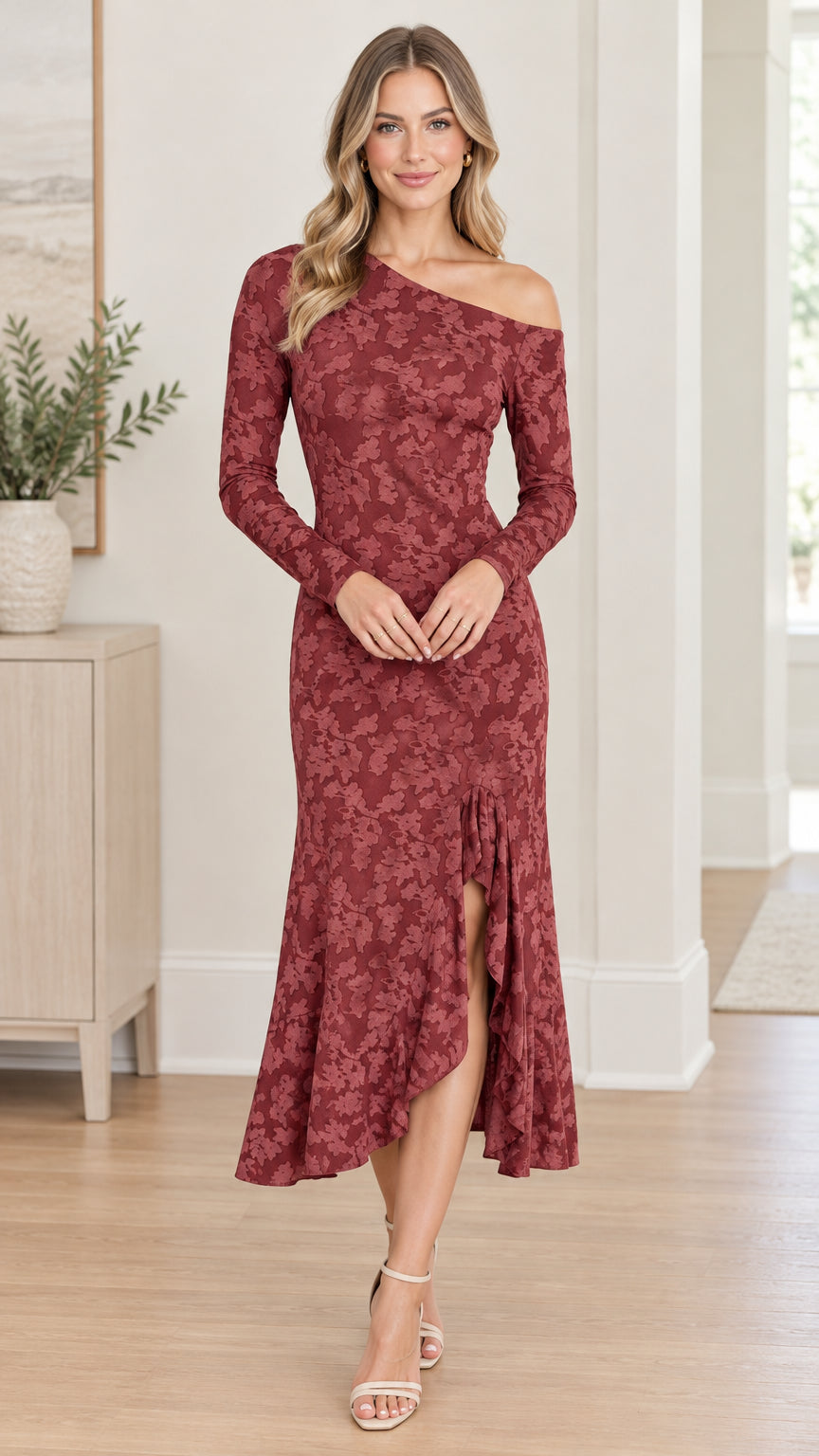 Front view of woman wearing Wine Red one-shoulder long sleeve floral jacquard midi dress with ruffle slit