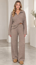 Full front view of model wearing brown striped polo top and wide leg pants lounge set