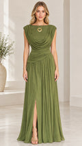Front full-length view of woman wearing olive green sleeveless draped cowl neck maxi gown with front slit