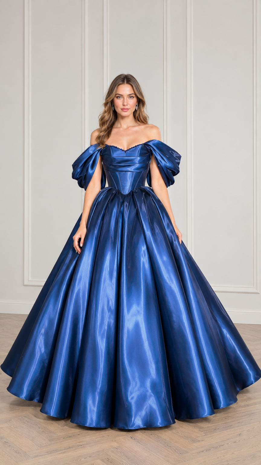 Front full view of woman wearing royal blue off-the-shoulder satin corset ball gown