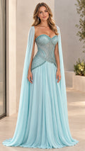 Front full view of sky blue beaded corset evening gown with flowing cape sleeves