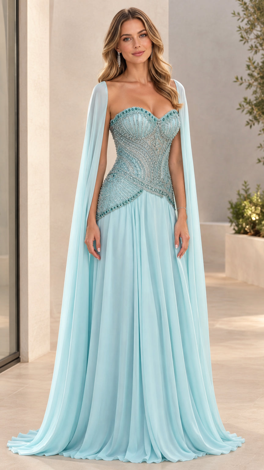 Front full view of sky blue beaded corset evening gown with flowing cape sleeves