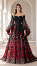 Front view of black off-shoulder evening gown with red floral embroidery and sheer bishop sleeves