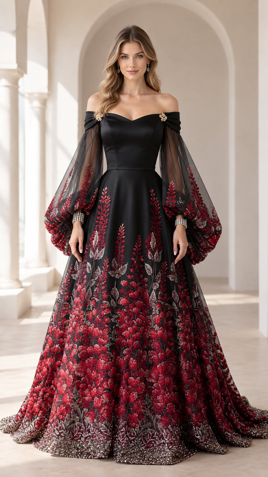 Front view of black off-shoulder evening gown with red floral embroidery and sheer bishop sleeves