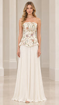 Front full-length view of woman wearing strapless ivory floral embroidered basque corset gown
