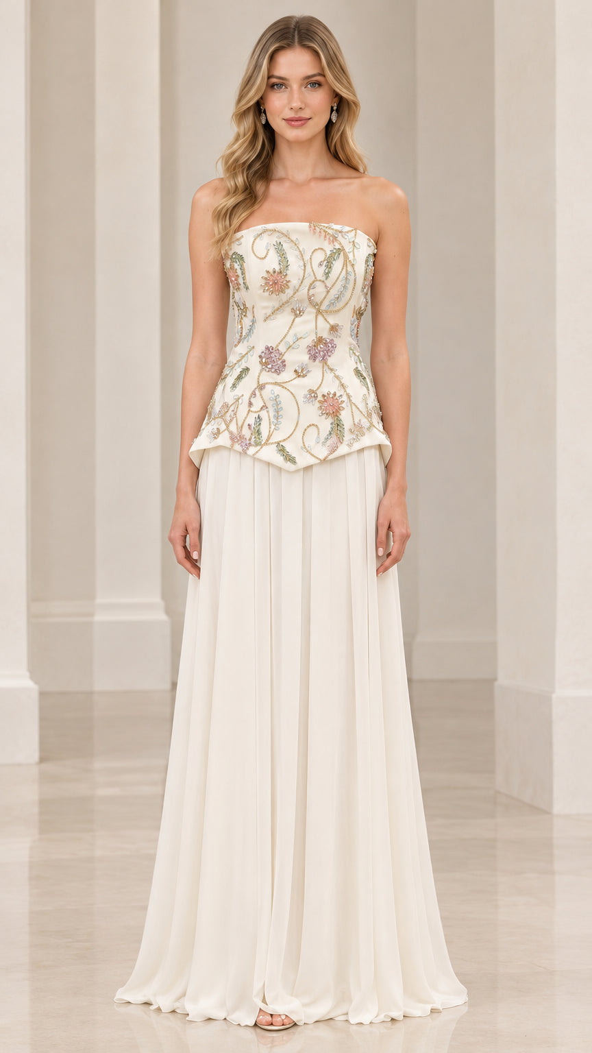 Front full-length view of woman wearing strapless ivory floral embroidered basque corset gown