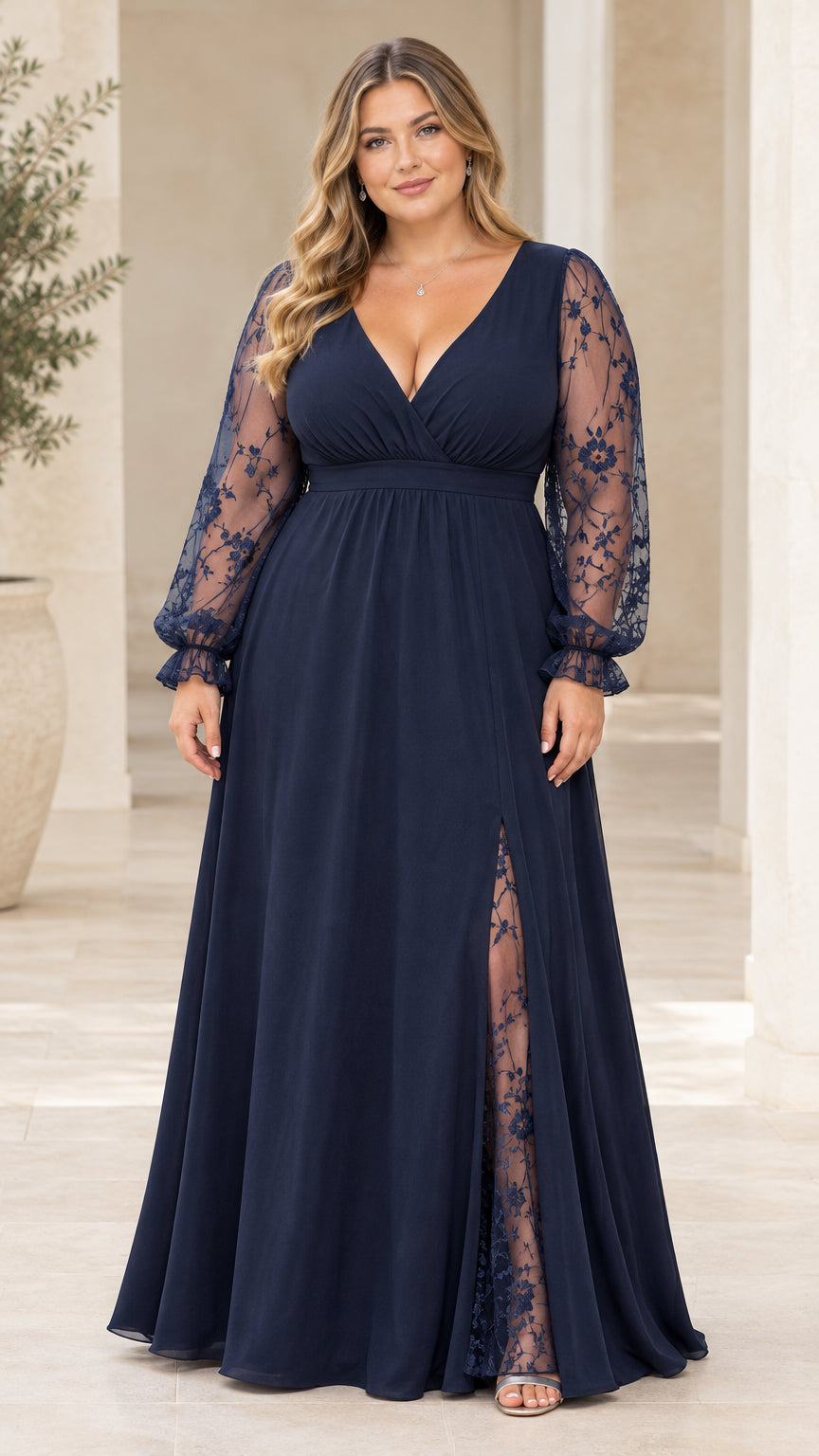Front view of plus size model in navy blue V-neck evening gown with lace sleeves and slit