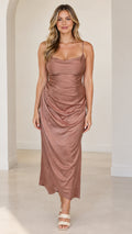 Front view of woman wearing dusty rose cowl neck ruched satin midi dress