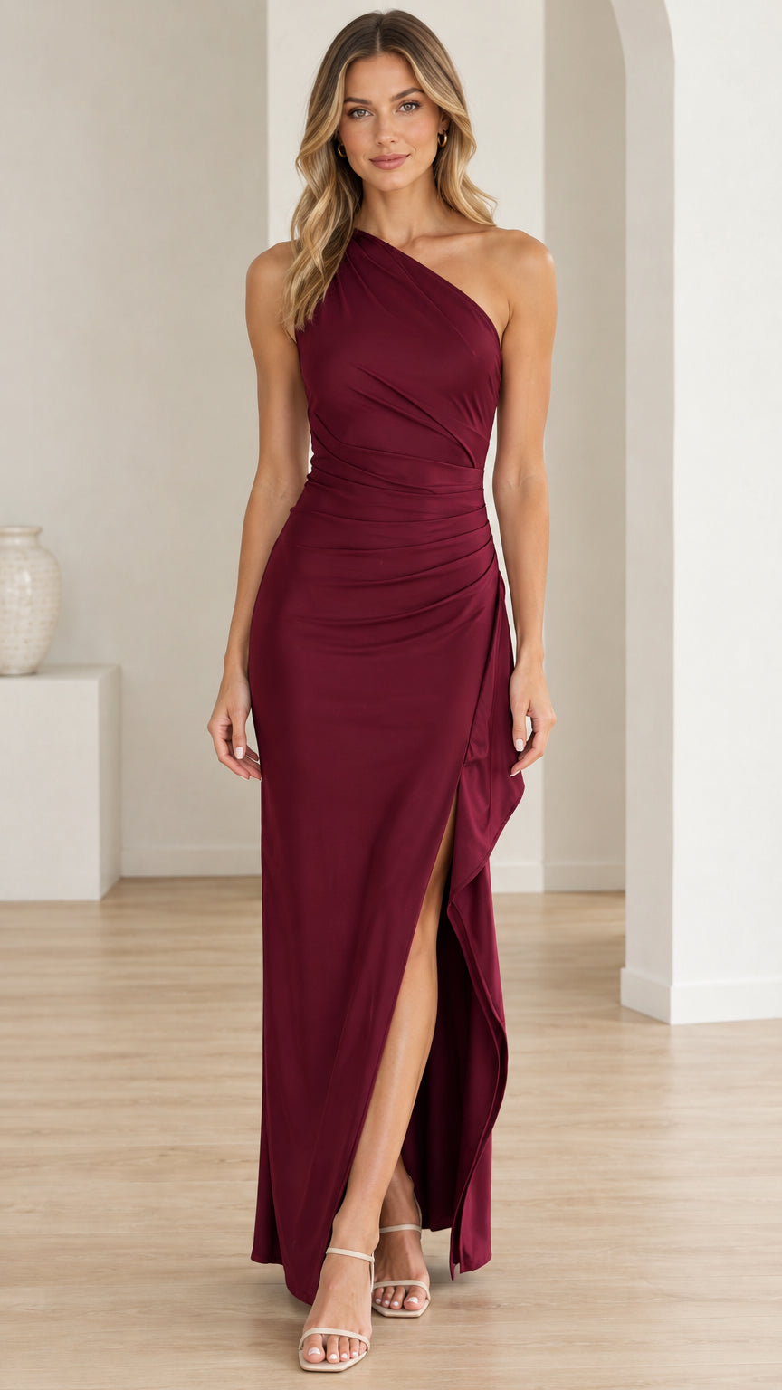 Front full-length view of woman in burgundy one-shoulder ruched maxi dress with high side slit