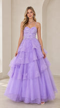 Front full view of woman wearing lavender tiered tulle ball gown with floral bodice