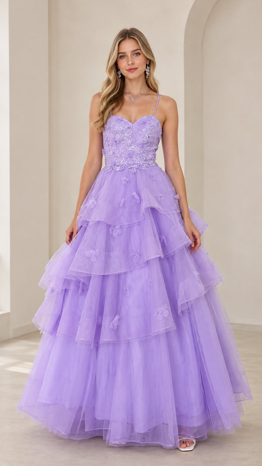 Front full view of woman wearing lavender tiered tulle ball gown with floral bodice