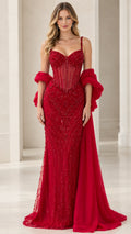 Front full view of red beaded corset mermaid evening gown with chiffon cape