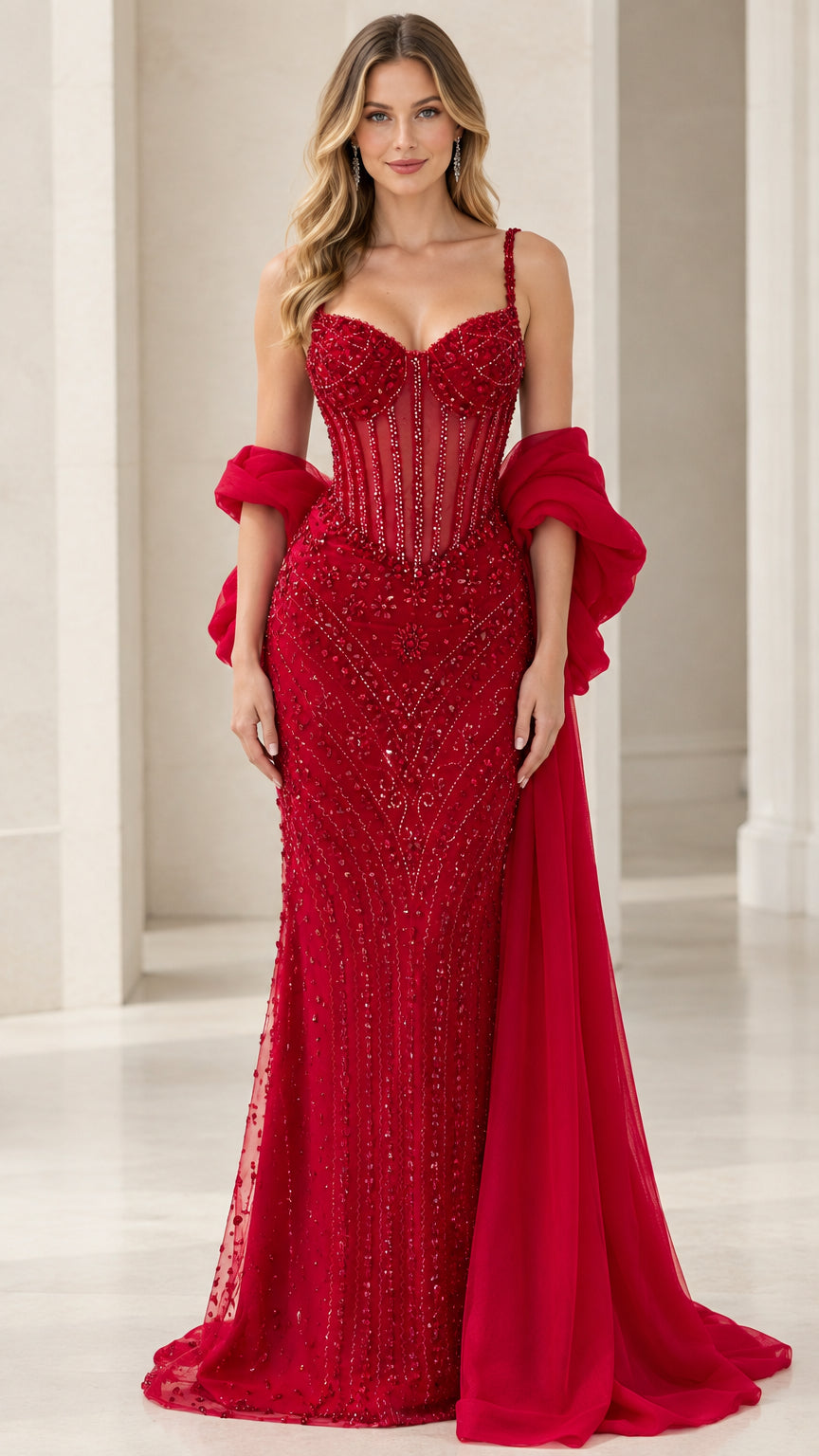 Front full view of red beaded corset mermaid evening gown with chiffon cape
