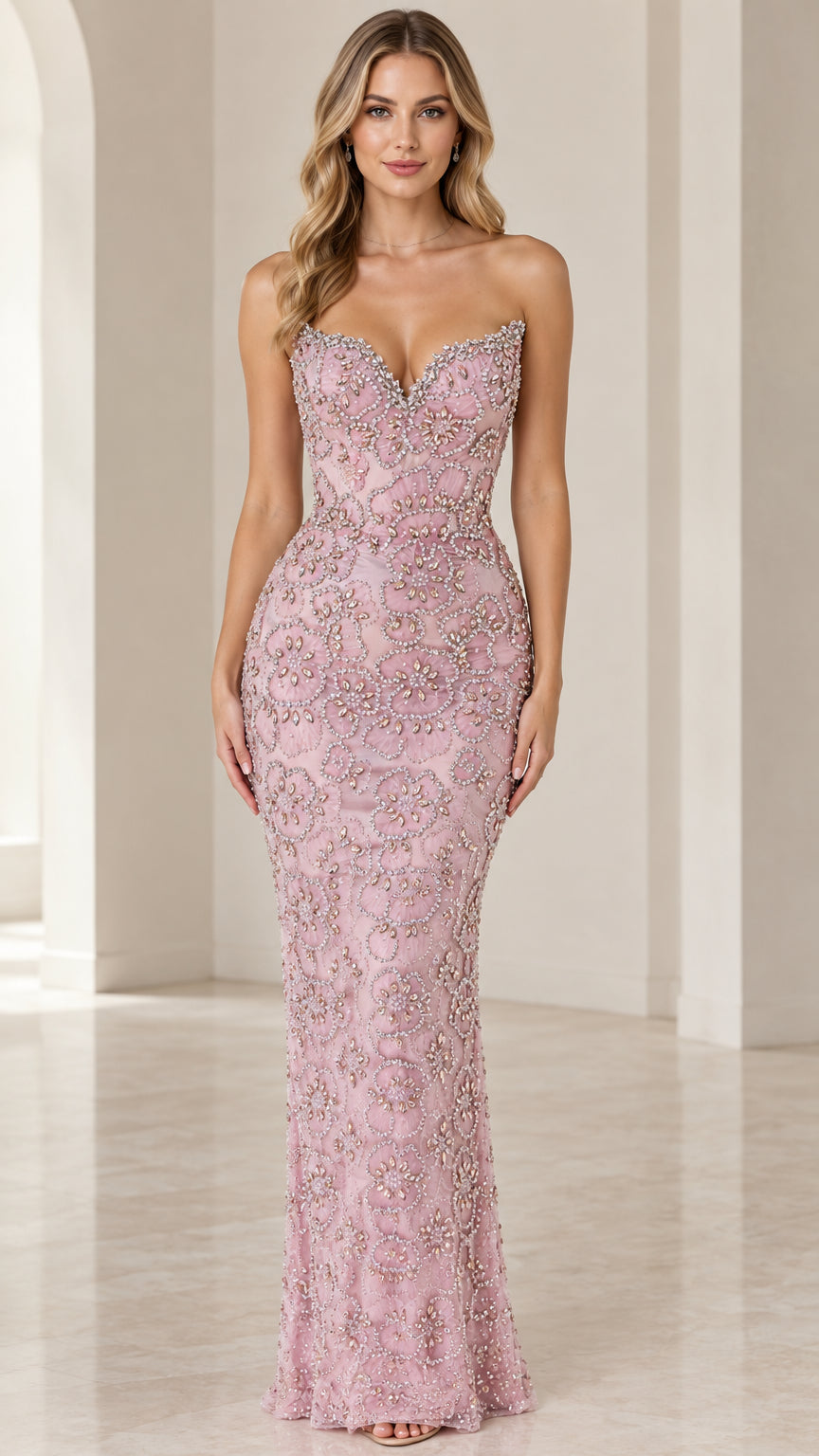 Model wearing dusty pink strapless beaded sweetheart maxi evening gown front view