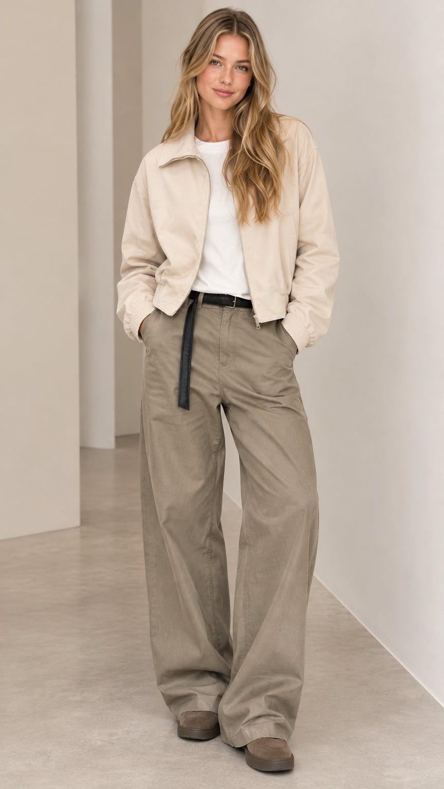 Front full view of woman wearing beige cropped bomber jacket and khaki wide-leg pants set